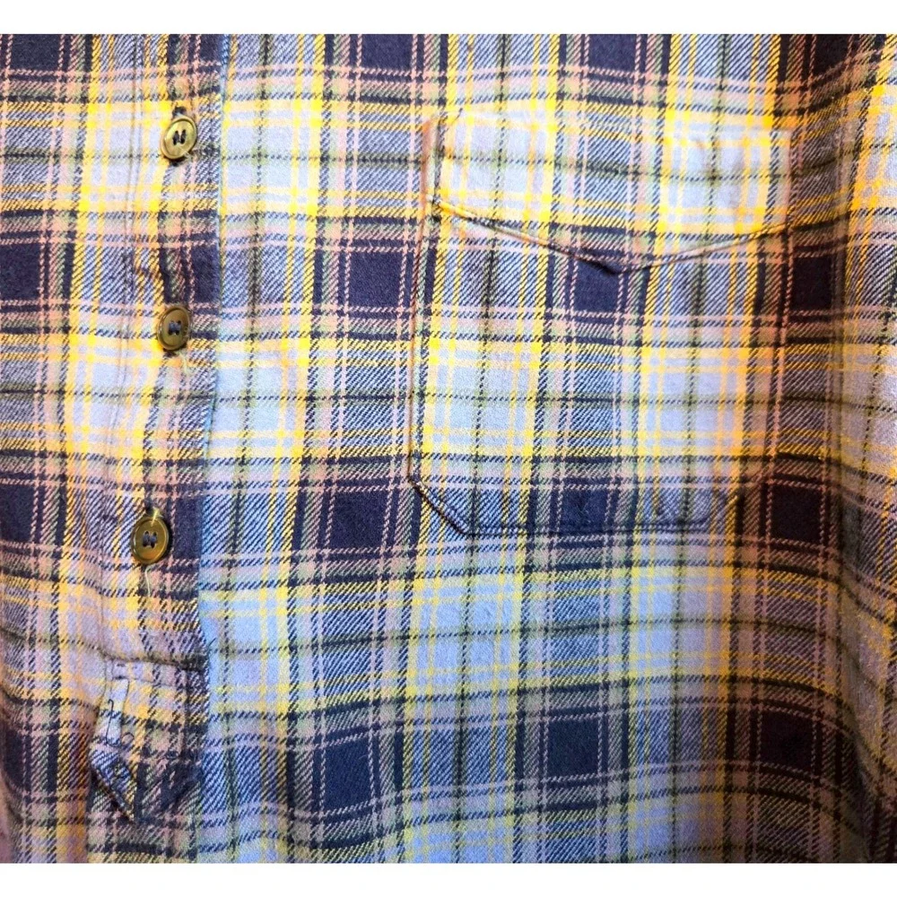 PJK Blue Label Womens L Cozy Plaid Flannel Henley Tunic Shirt Blue Yellow Ombre